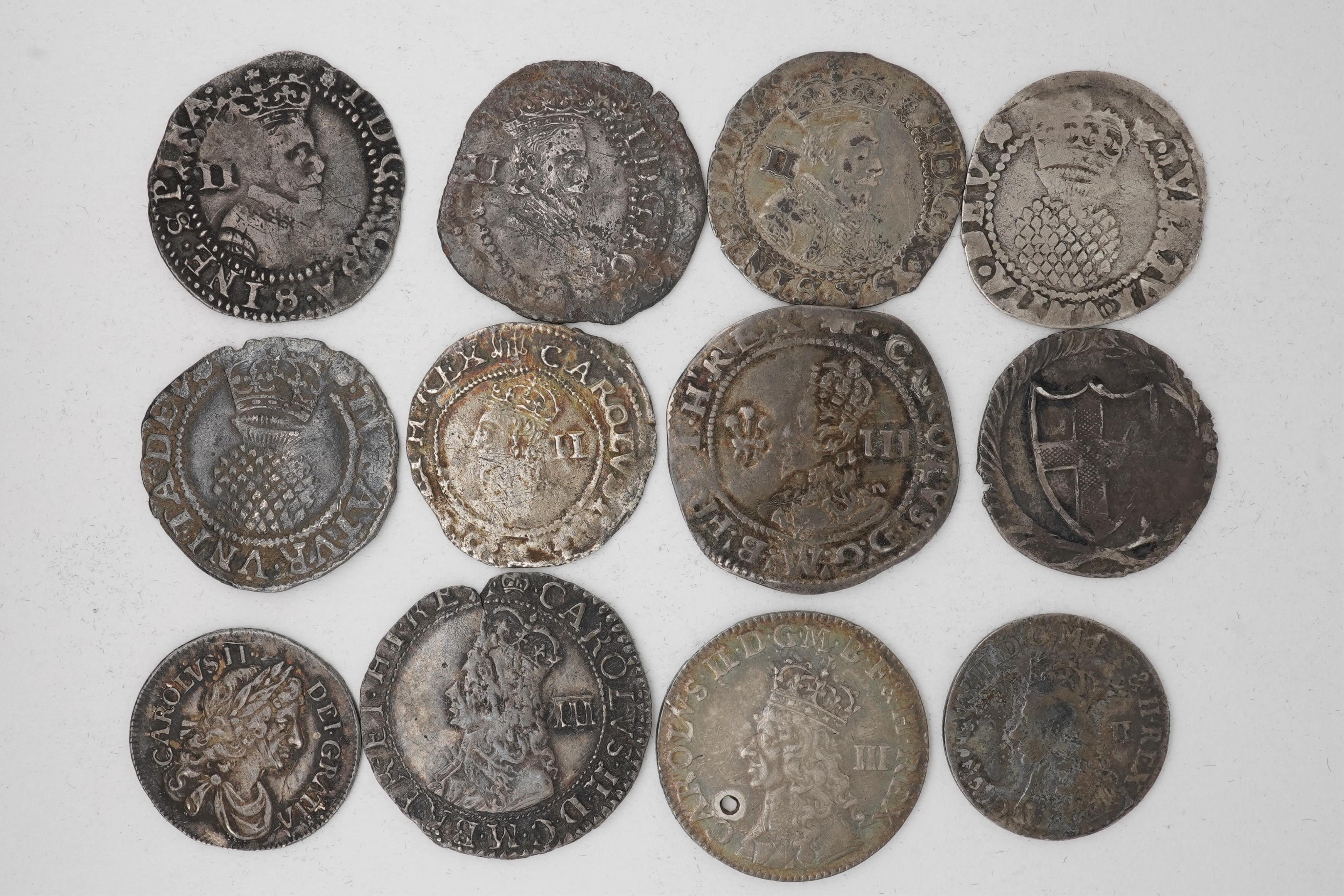 Twelve British silver hammered coins, House of Stuart and Commonwealth, James I (1603-1625), two halfgroats, S. 2649, mm. Thistle, and mm. Lys, both 0.92g, contemporary counterfeit James I halfgroat, 1g, two halfgroats,